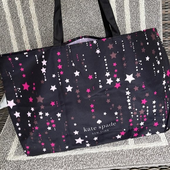 Kate Spade Black Multi Color with Light and Dark Pink Stars Canvas Tote XL - Picture 11 of 16